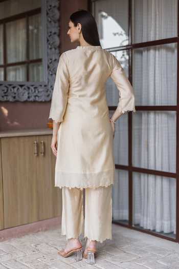 Shop_ASRUMO_Gold Chanderi, Organza Embroidery V-neck, Yes Straight Kurta Set _at_Aza_Fashions