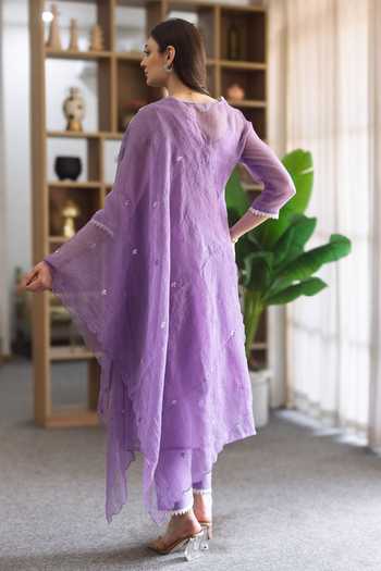 Shop_ASRUMO_Purple Doriya Machine Embroidery V-neck, Yes Kurta Set _at_Aza_Fashions