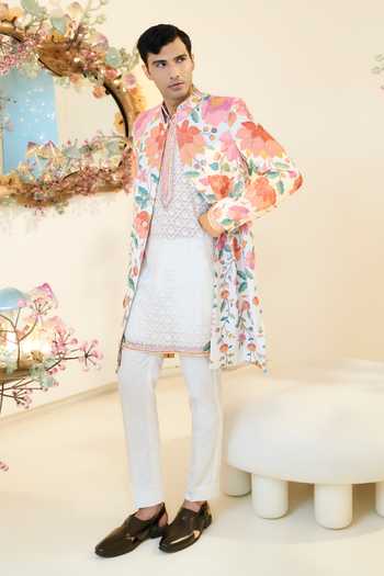 Shop_Rabani & Rakha_Ivory Embroidery Floral Work Sherwani Jacket _at_Aza_Fashions