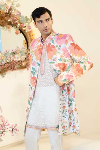 Buy_Rabani & Rakha_Ivory Embroidery Floral Work Sherwani Jacket _at_Aza_Fashions