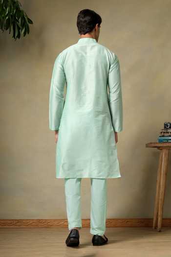 Shop_Pomcha Jaipur_Turquoise Silk, Cotton Chaap Plain Kurta Set _at_Aza_Fashions