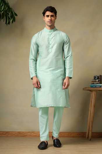 Buy_Pomcha Jaipur_Turquoise Silk, Cotton Chaap Plain Kurta Set _Online_at_Aza_Fashions
