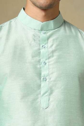 Buy_Pomcha Jaipur_Turquoise Silk, Cotton Chaap Plain Kurta Set 