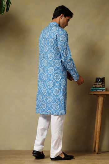 Shop_Pomcha Jaipur_Blue Cotton Chaap Hand Block Kurta Set _at_Aza_Fashions