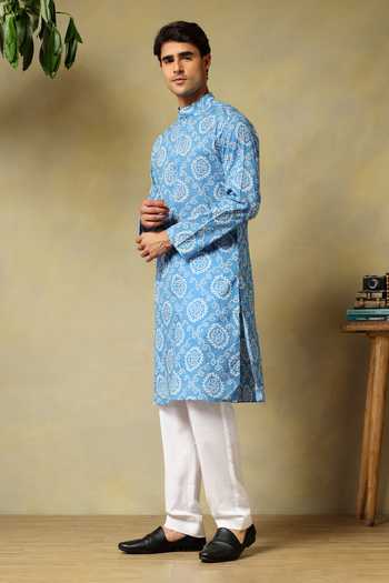 Buy_Pomcha Jaipur_Blue Cotton Chaap Hand Block Kurta Set 
