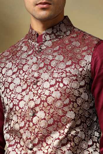 Pomcha Jaipur_Maroon Silk Zari Chaap Brocade Bundi Kurta Set _at_Aza_Fashions