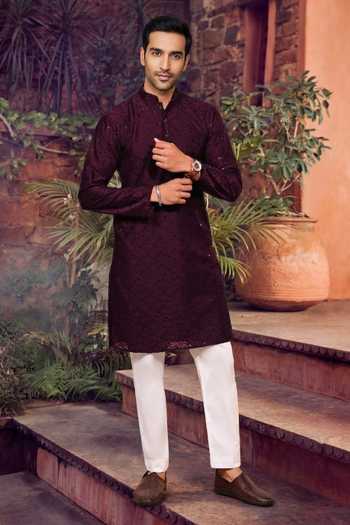 Buy_Jhambthreads_Wine Cotton, Silk Embroidery, Sequins Straight Kurta And Pant Set _at_Aza_Fashions