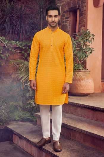 Buy_Jhambthreads_Yellow Cotton, Silk Embroidery, Sequins Kurta And Pant Set _at_Aza_Fashions