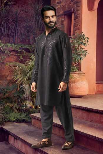 Jhambthreads_Black Silk Embroidery Kurta And Pyjama Set _Online_at_Aza_Fashions