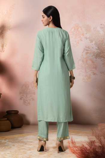 Shop_Jhambthreads_Green Cotton, Rayon Embroidery Round Neck Yoke Straight Kurta And Pant Set _at_Aza_Fashions