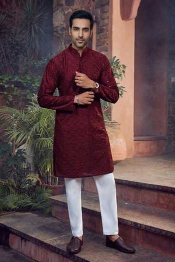 Jhambthreads_Maroon Cotton, Silk Embroidery, Sequins Kurta And Pant Set _Online_at_Aza_Fashions