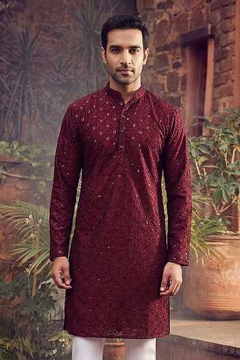 Buy_Jhambthreads_Maroon Cotton, Silk Embroidery, Sequins Kurta And Pant Set _Online_at_Aza_Fashions