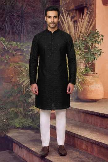 Jhambthreads_Black Cotton, Silk Embroidery, Sequins Kurta And Pant Set _Online_at_Aza_Fashions