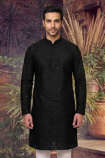 Jhambthreads_Black Cotton, Silk Embroidery, Sequins Kurta And Pant Set _at_Aza_Fashions