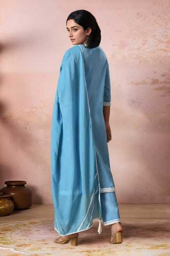 Shop_Jhambthreads_Blue Cotton, Organza Embroidery Round Neck, Yes Placed Kurta Set _at_Aza_Fashions
