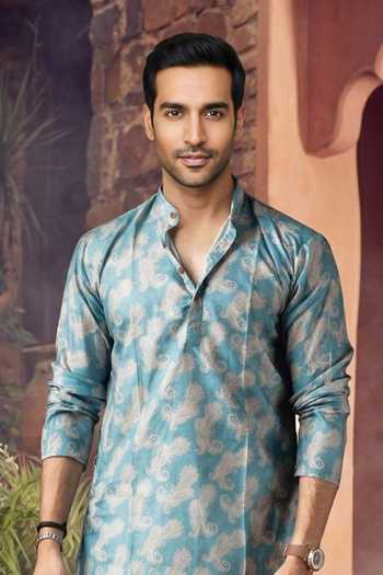 Buy_Jhambthreads_Blue Silk, Cotton Printed Kurta And Pyjama Set _Online_at_Aza_Fashions