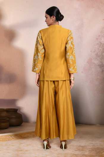 Shop_Jhambthreads_Yellow Chanderi Embroidery Mandarin Collar Top And Palazzo Set _at_Aza_Fashions