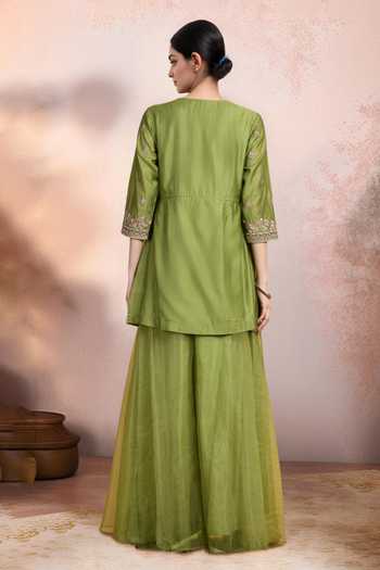 Shop_Jhambthreads_Green Chanderi Embroidery Round Neck Kurta And Palazzo Set _at_Aza_Fashions