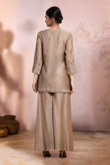 Shop_Jhambthreads_Brown Chanderi Embroidery Round Neck Floral Kurta And Palazzo Set _at_Aza_Fashions