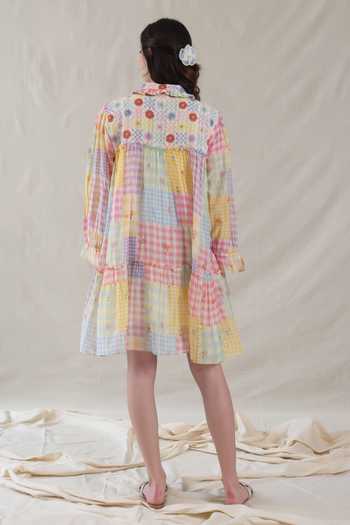 Shop_Dhaari_Multi Color Silk, Cotton Collared Handwoven Short Dress And Slip Set _at_Aza_Fashions