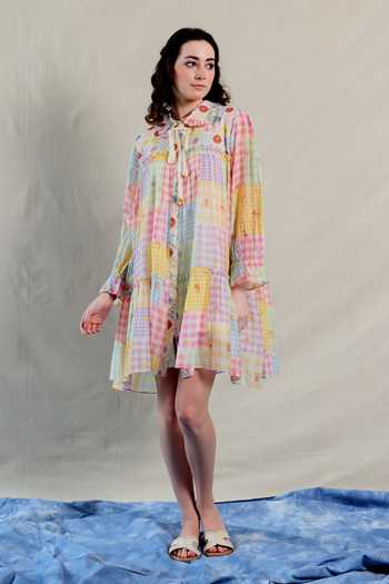 Buy_Dhaari_Multi Color Silk, Cotton Collared Handwoven Short Dress And Slip Set _at_Aza_Fashions