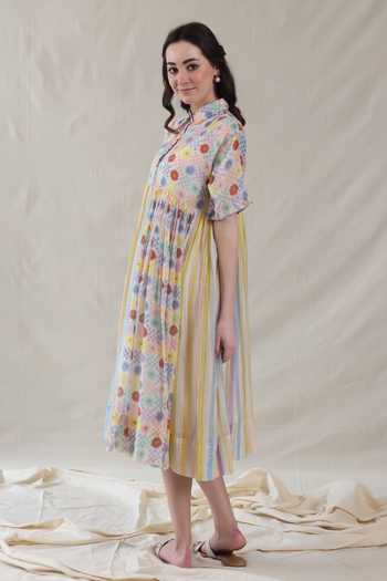 Shop_Dhaari_Multi Color Silk, Cotton Collared Floral Handwoven Dress And Slip Set _at_Aza_Fashions