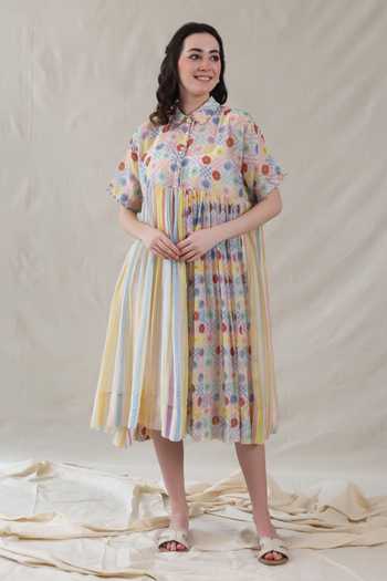 Buy_Dhaari_Multi Color Silk, Cotton Collared Floral Handwoven Dress And Slip Set _at_Aza_Fashions