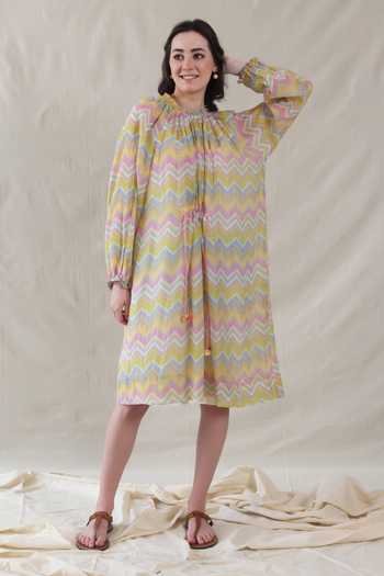 Buy_Dhaari_Multi Color Silk, Cotton High Neck Handwoven Dress And Slip Set _at_Aza_Fashions