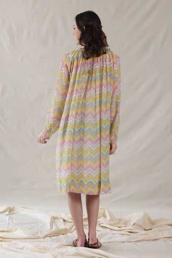 Shop_Dhaari_Multi Color Silk, Cotton High Neck Handwoven Dress And Slip Set _at_Aza_Fashions