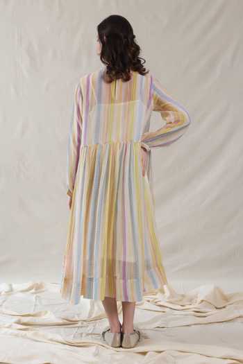 Shop_Dhaari_Multi Color Silk Round Neck Handwoven Cotton Dress And Slip Set _at_Aza_Fashions