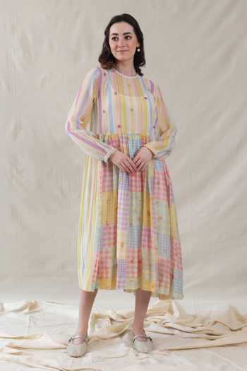 Buy_Dhaari_Multi Color Silk Round Neck Handwoven Cotton Dress And Slip Set _at_Aza_Fashions