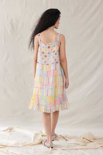 Shop_Dhaari_Multi Color Silk, Cotton Square Neck Hand Painted Midi Handwoven Dress _at_Aza_Fashions