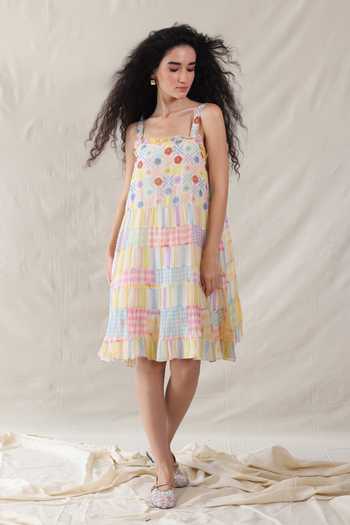 Buy_Dhaari_Multi Color Silk, Cotton Square Neck Hand Painted Midi Handwoven Dress _at_Aza_Fashions