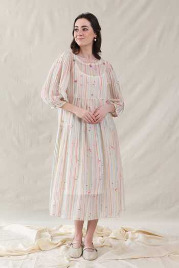 Buy_Dhaari_Off White Silk, Cotton Round Neck Hand Painted Striped Dress And Slip Set _at_Aza_Fashions