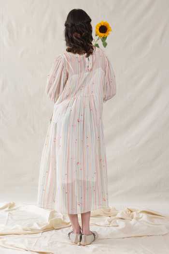 Shop_Dhaari_Off White Silk, Cotton Round Neck Hand Painted Striped Dress And Slip Set _at_Aza_Fashions