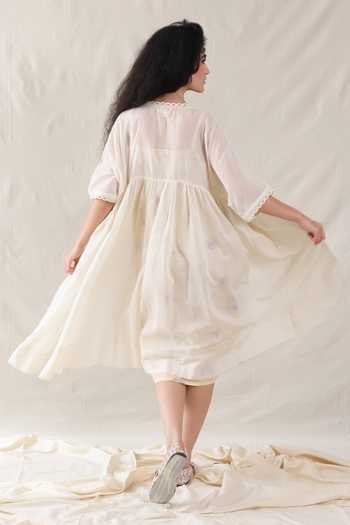 Shop_Dhaari_Off White Silk, Cotton V-neck Handwoven Slip And Kaftan Set _at_Aza_Fashions