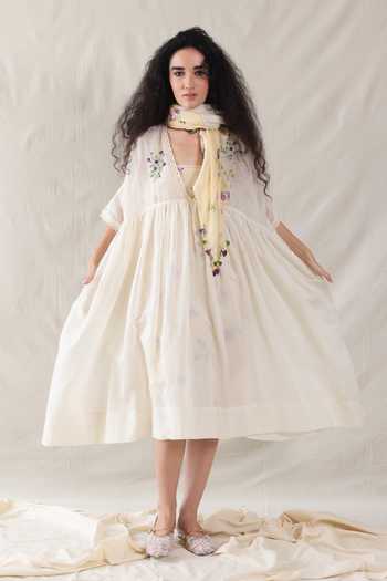 Dhaari_Off White Silk, Cotton V-neck Handwoven Slip And Kaftan Set _Online_at_Aza_Fashions