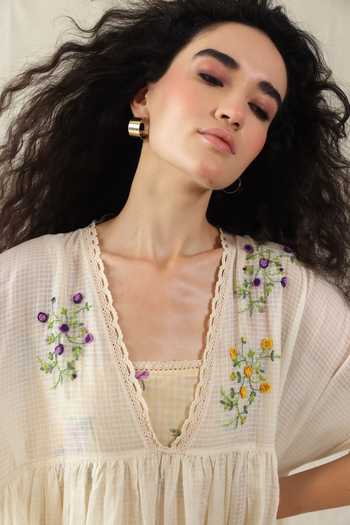Buy_Dhaari_Off White Silk, Cotton V-neck Handwoven Slip And Kaftan Set _Online_at_Aza_Fashions
