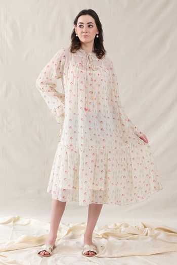 Buy_Dhaari_Off White Silk, Cotton High Neck Handwoven Dress And Slip Set _at_Aza_Fashions