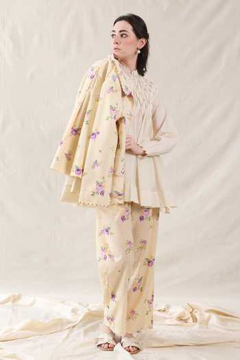 Dhaari_Yellow Silk, Cotton Collared Handwoven Jacket _Online_at_Aza_Fashions