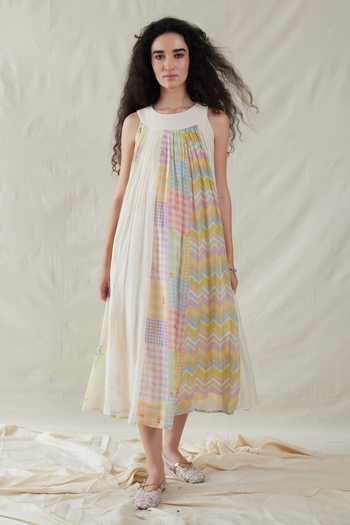 Buy_Dhaari_Multi Color Silk, Cotton Round Neck Handwoven Dress And Slip Set _at_Aza_Fashions