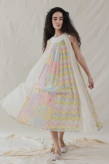 Shop_Dhaari_Multi Color Silk, Cotton Round Neck Handwoven Dress And Slip Set _at_Aza_Fashions