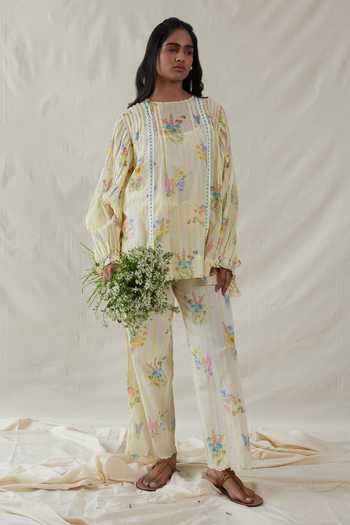 Buy_Dhaari_Silk, Cotton Round Neck Handwoven Top _at_Aza_Fashions