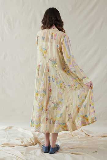 Shop_Dhaari_Off White Silk, Cotton Mandarin Collar Handwoven Dress And Slip Set _at_Aza_Fashions