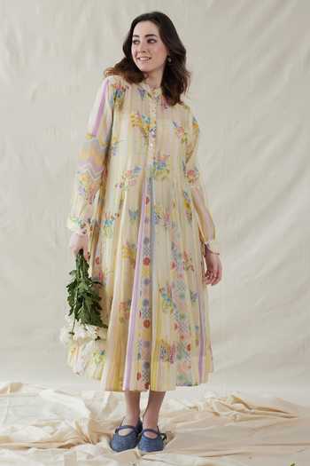Buy_Dhaari_Off White Silk, Cotton Mandarin Collar Handwoven Dress And Slip Set _at_Aza_Fashions