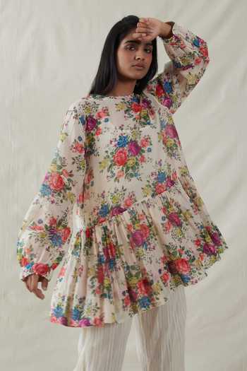 Buy_Dhaari_Multi Color Silk, Cotton Round Neck Floral Print Handwoven Top And Slip Set _at_Aza_Fashions