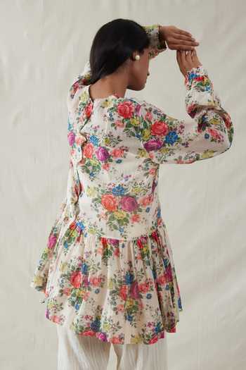 Shop_Dhaari_Multi Color Silk, Cotton Round Neck Floral Print Handwoven Top And Slip Set _at_Aza_Fashions