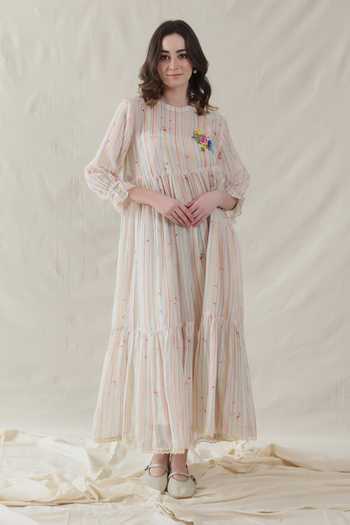 Buy_Dhaari_Off White Silk, Cotton Round Neck Handwoven Dress And Slip Set _at_Aza_Fashions