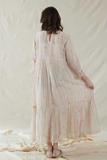 Shop_Dhaari_Off White Silk, Cotton Round Neck Handwoven Dress And Slip Set _at_Aza_Fashions