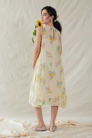 Shop_Dhaari_Off White Silk, Cotton Round Neck Handwoven Dress And Slip Set _at_Aza_Fashions